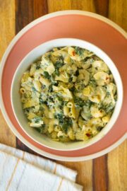bowl of spinach artichoke mac and cheese