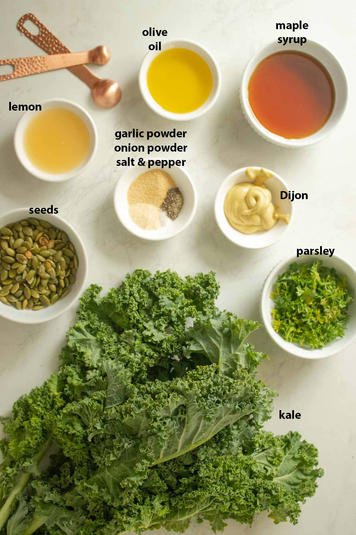 dressing and kale salad ingredients