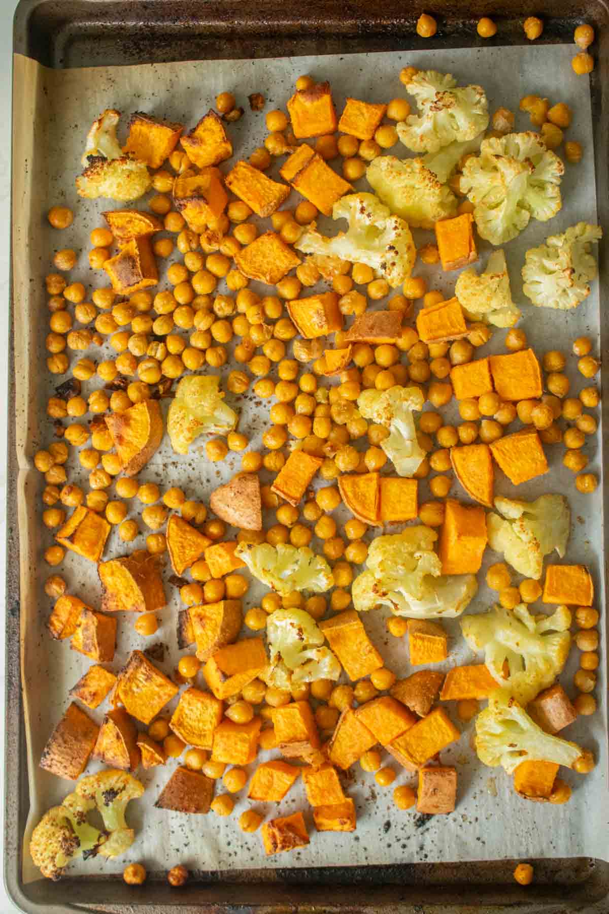 roasted veggies on the pan after baking