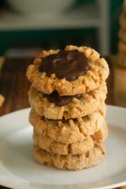 close-up of peanut butter chocolate cookies stacked on a plate