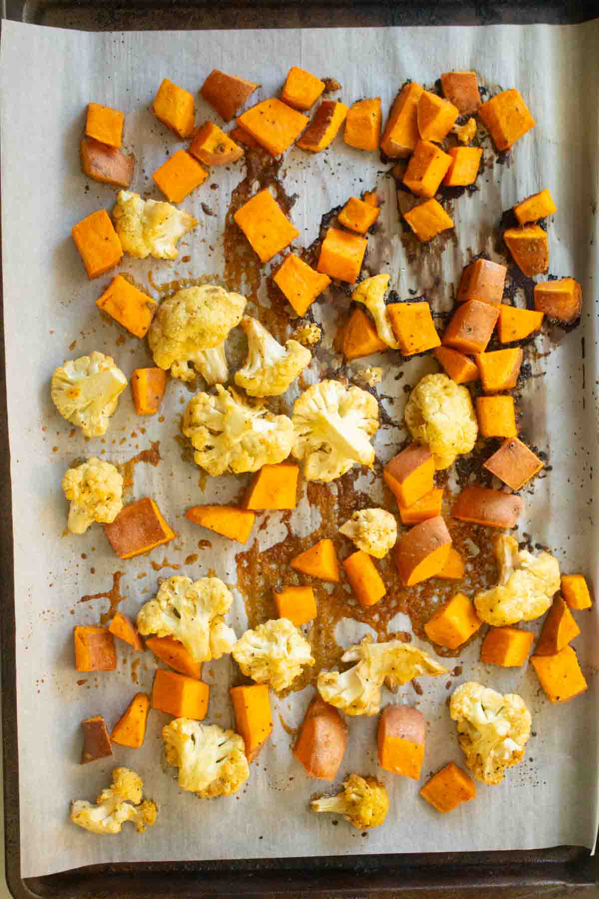 sheet pan cauliflower and sweet potato after roasting