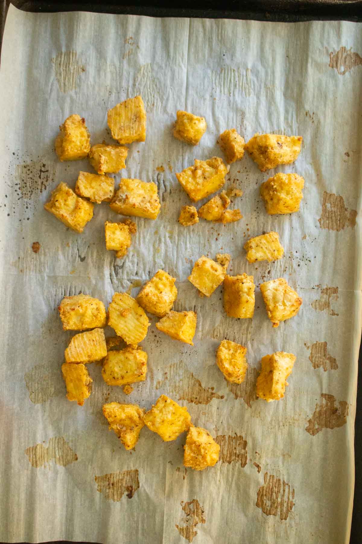 tofu on the sheet pan after baking