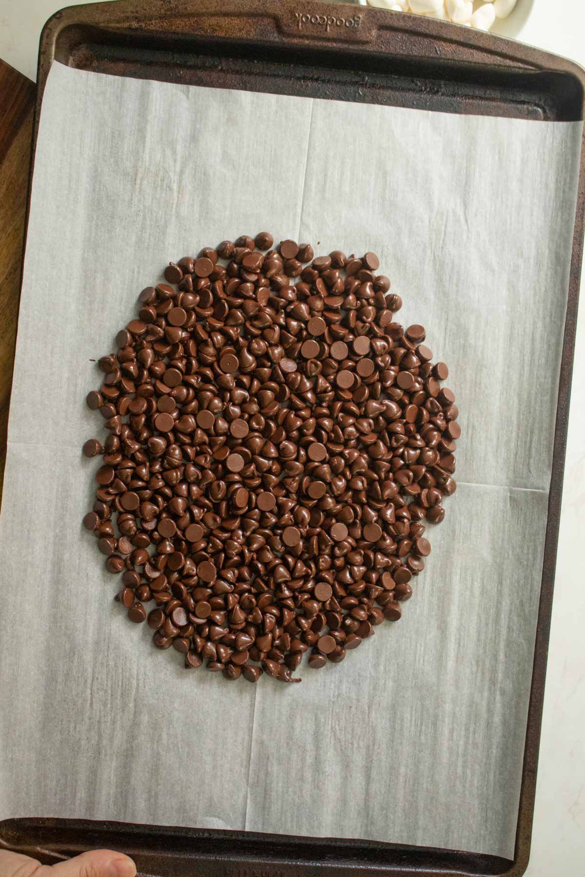 chocolate chips on the baking sheet after melting